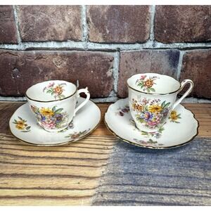 Vtg Coalport Demitasse Cups Saucers "Fragrance" Set of 2 England Bone China MCM